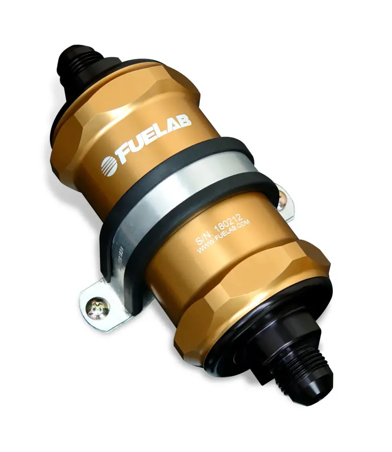 Fuelab Inline Fuel Filter – -8An Inlet / -6An Outlet, 100-Micron Stainless Steel With Check Valve, Gold Finish 1