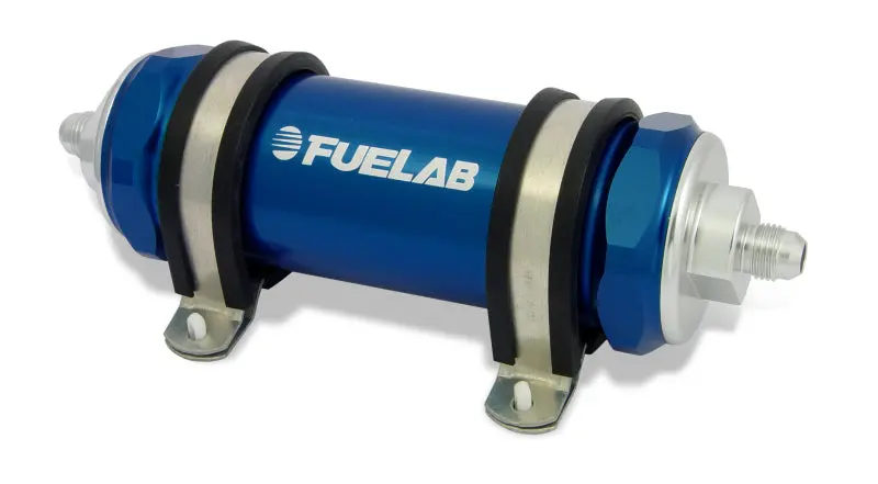 Fuelab 828 Extended Inline Fuel Filter — -6An In / -12An Out, 10-Micron Fabric Element (Blue) 1