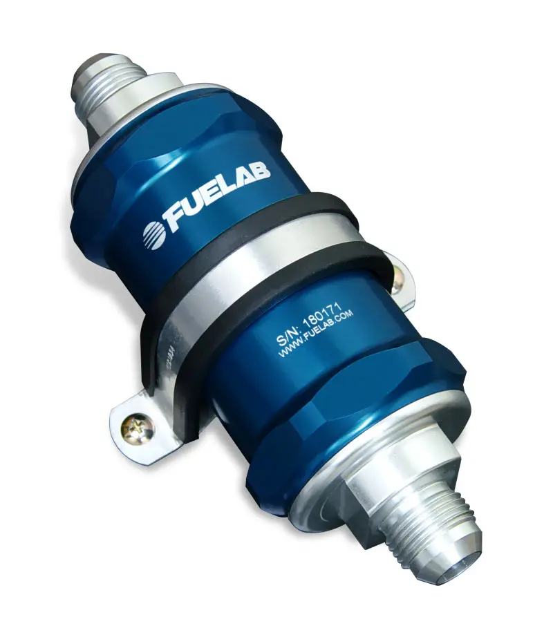 Fuelab 818 Inline Fuel Filter – -8An Inlet / -10An Outlet, 40-Micron Stainless Steel, Blue Housing 1
