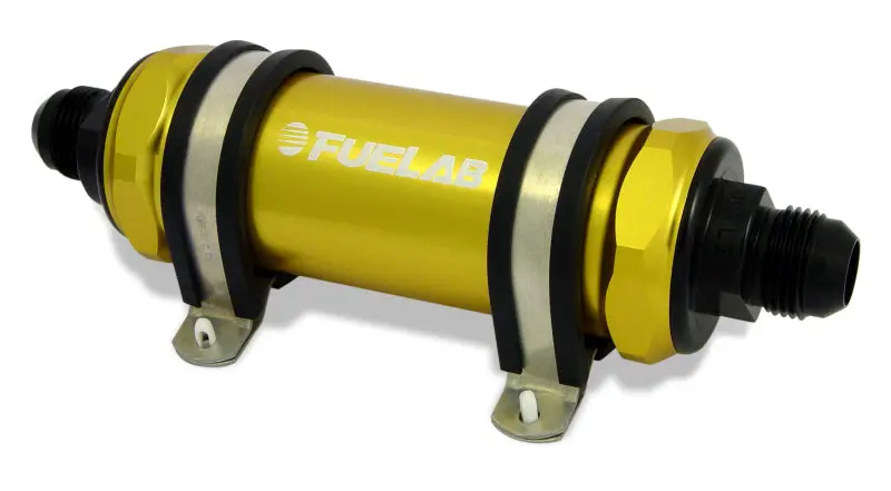 Fuelab Inline Fuel Filter – Long Body, -10An Fittings, 100-Micron Stainless Steel Element With Integrated Check Valve (Gold Anodized) 1