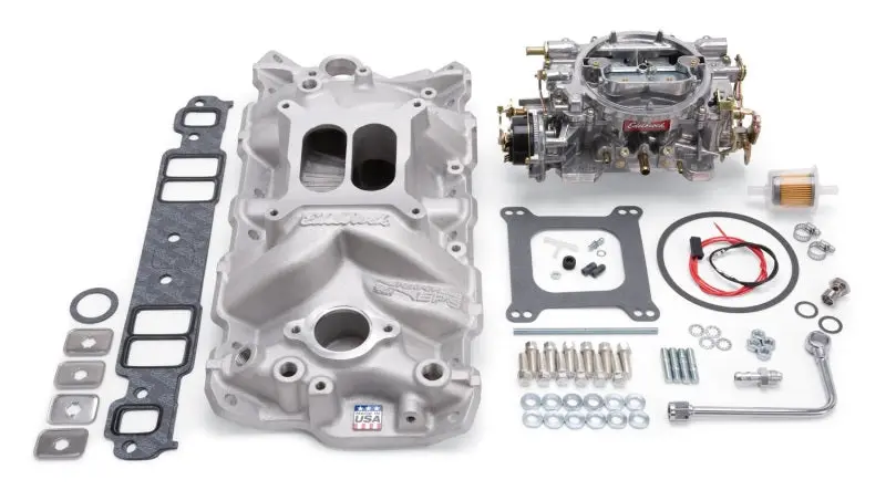 Edelbrock Manifold And Carb Kit Performer Eps Small Block Chevrolet 1957-1986 Natural Finish 1