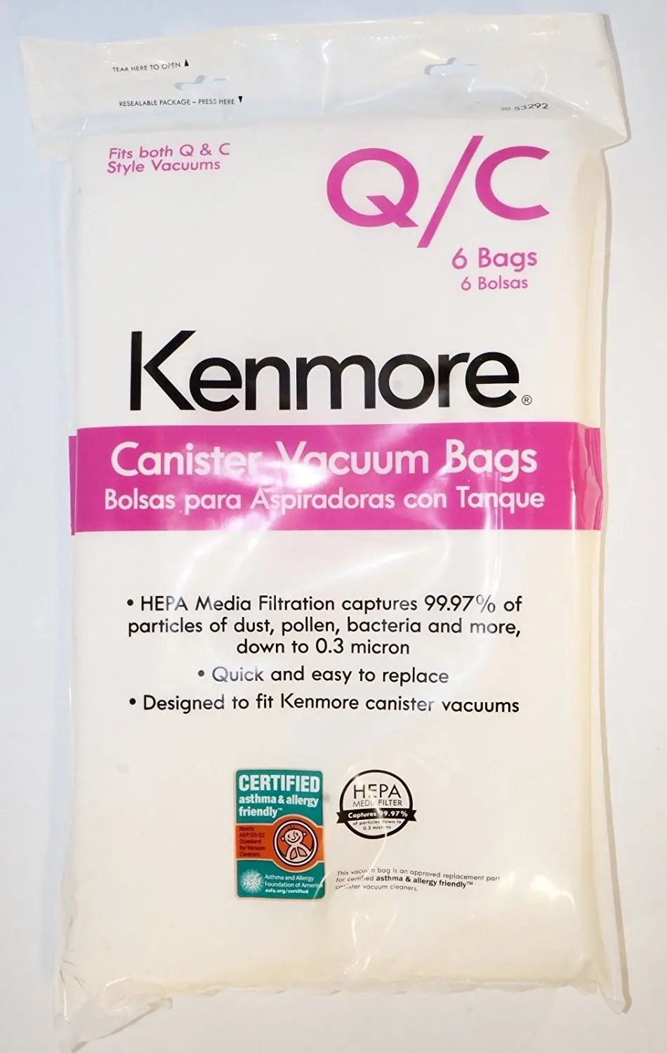 Kenmore Type Q/C Vacuum Bags Hepa For Canister Vacuums 6 Pk Media Filtration Synthetic 1