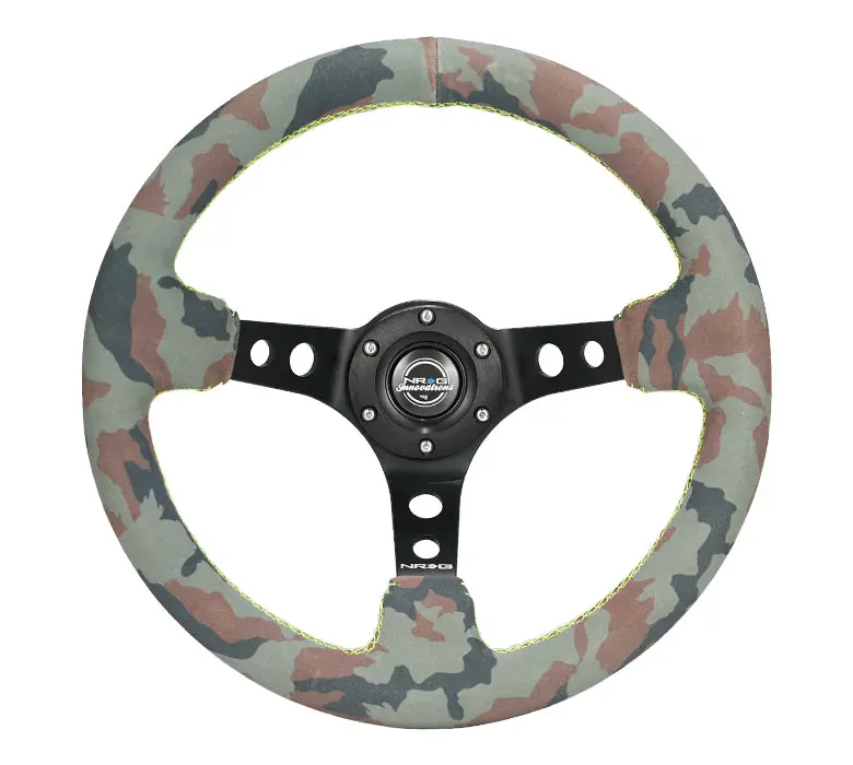 Nrg Steering Wheel 350Mm Deep Dish Camo Suede - Neon Green Stitch & Black Spoke - Rst-006Mb-S-Camo 1