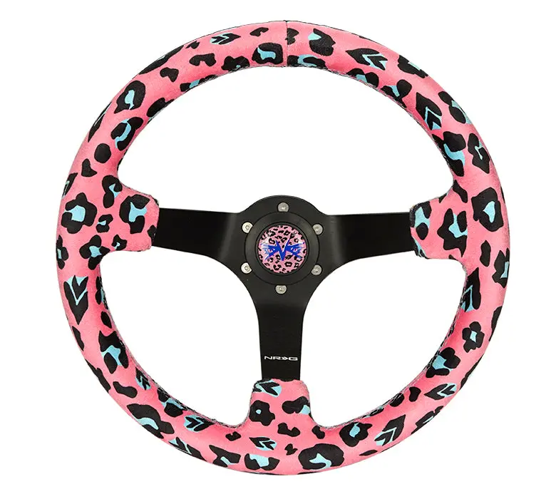 Nrg Steering Wheel - 350Mm Savage Pink Leopard Vegan Microfiber W/ Matte Black Spoke - Rst-036Mb-Sv-Pk 1