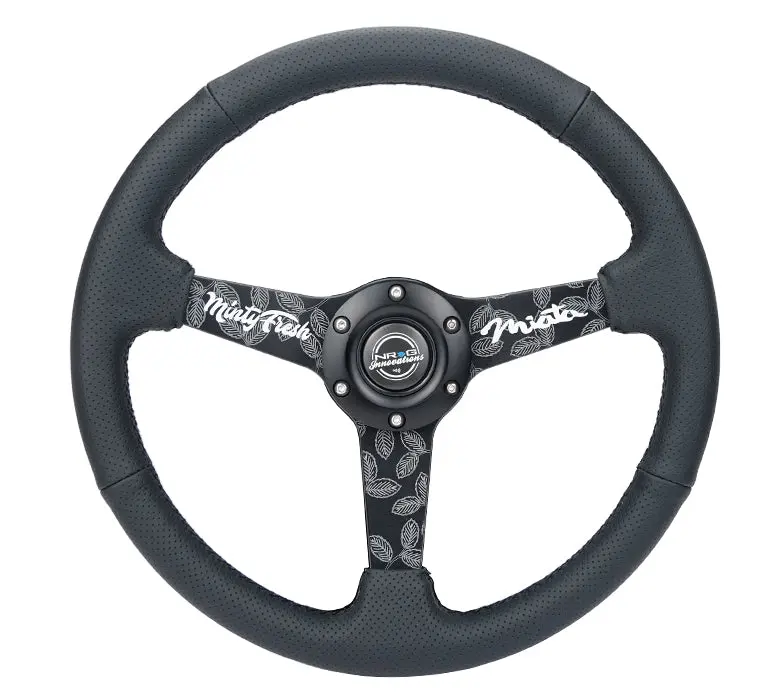 Nrg Steering Wheel - 350Mm Sport - Black Perforated Leather, Matte Black Spokes & Minty Fresh Miata Etch - Rst-037Mb-Mf 1