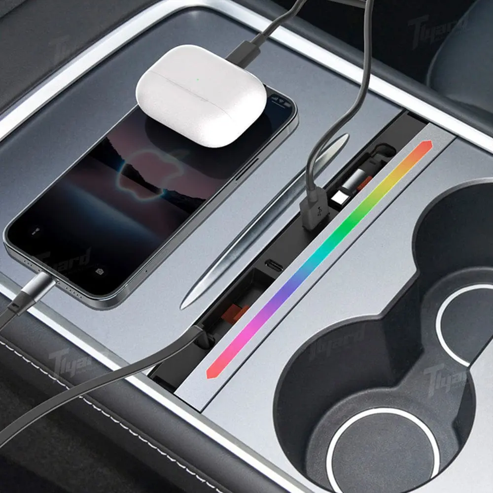 Tesla Model 3/Y Usb Hub With Retractable Fast Charging Cable Center Console Dock With Ambient Led Lighting & Storage Illumination | Tlyard 1