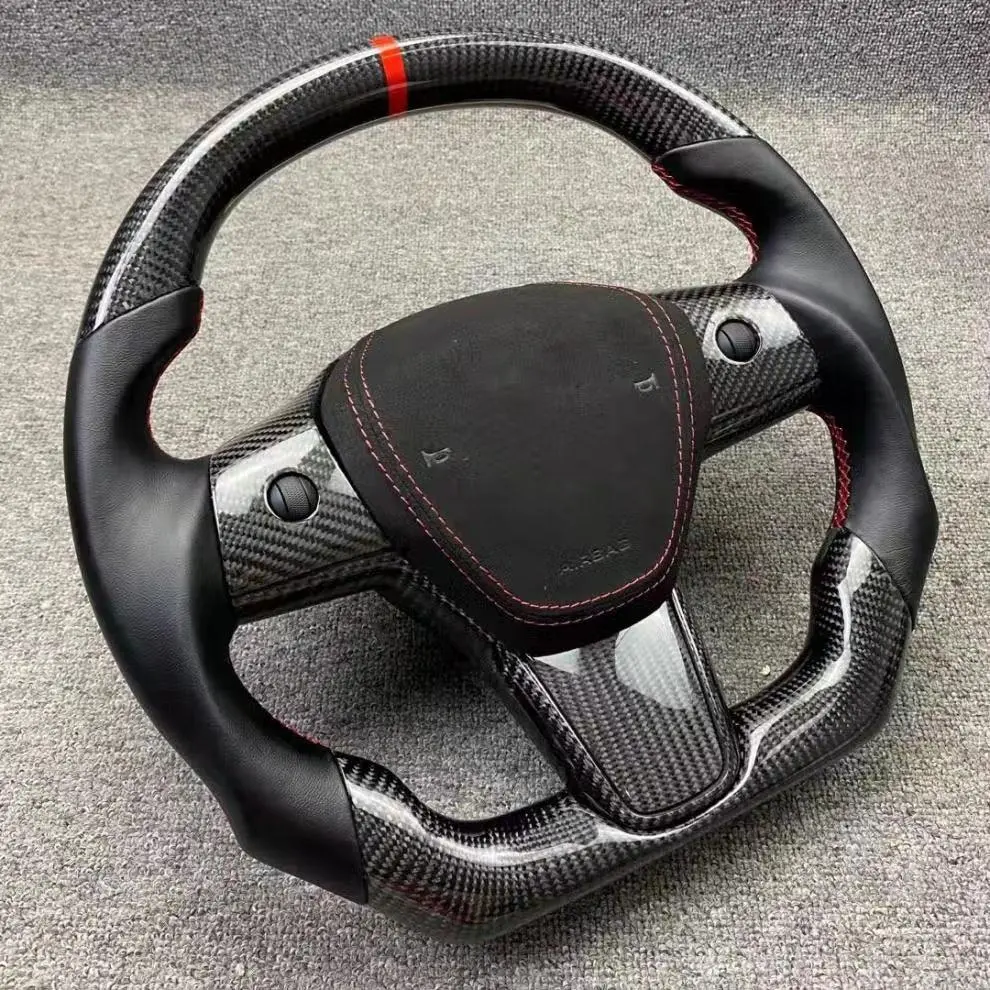 Customized Sport Round Heated Real Carbon Fiber Steering Wheel For Model 3/ Y 1