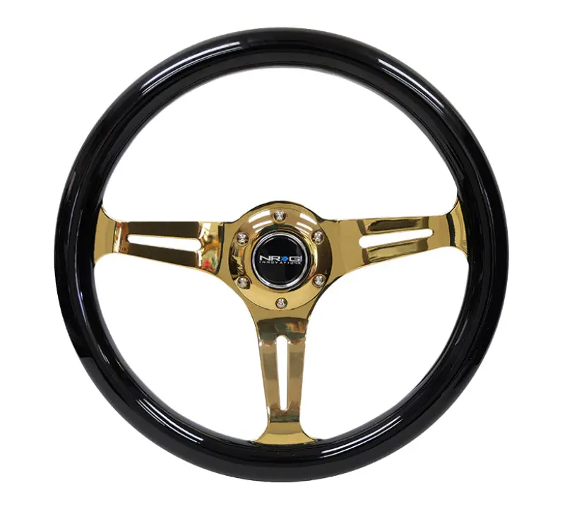 Nrg Classic Wood-Grain Steering Wheel – 350Mm Diameter, Black Grip W/ Chrome-Gold 3-Spoke Center 1