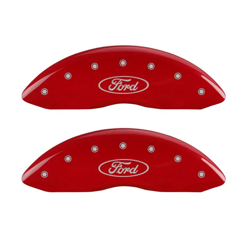 Mgp Engraved 4-Piston Caliper Covers – Front & Rear, Ford Oval Logo With Red Finish On Silver Base 1